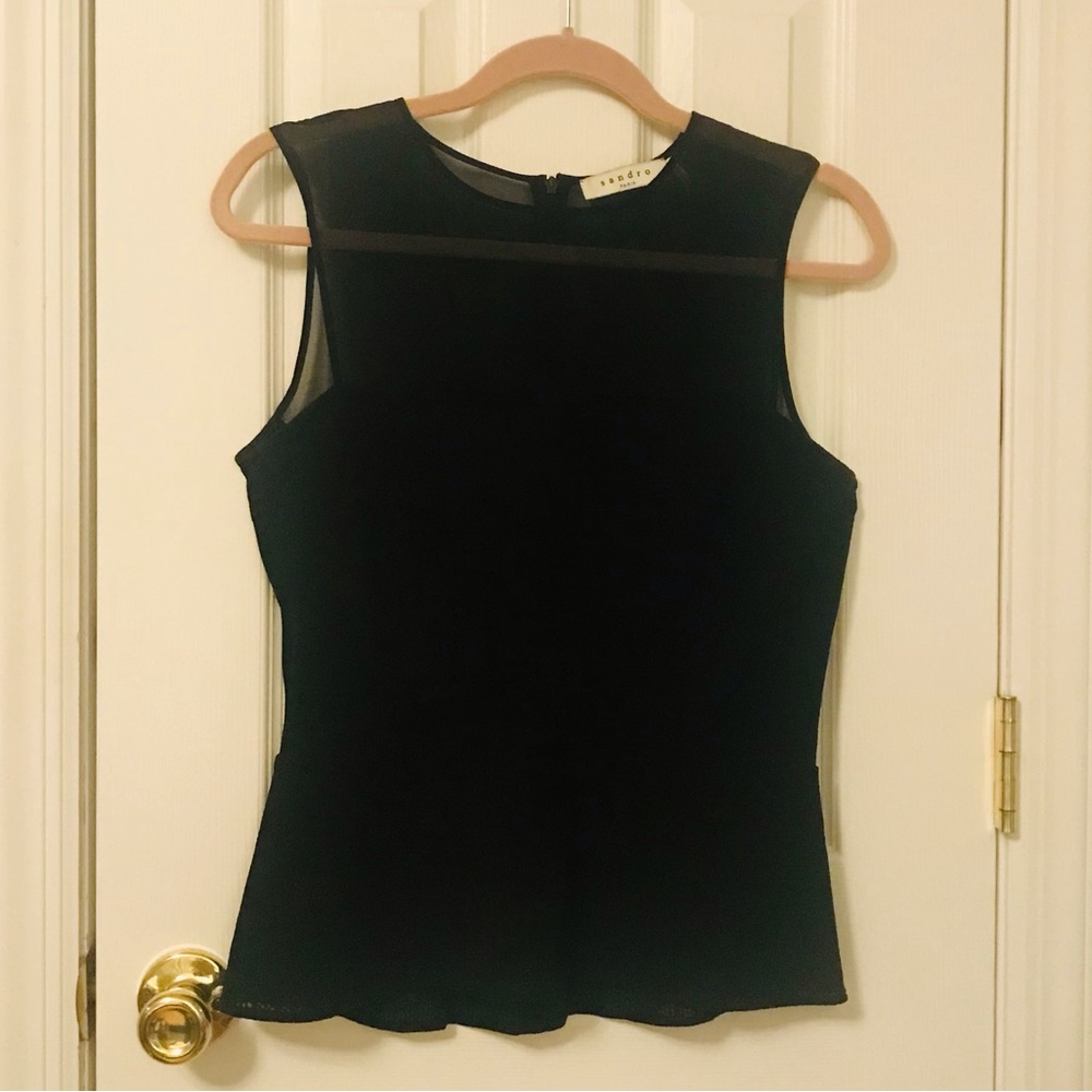 Black Sandro dressy peplum tank with sheer décolletage - Picture 2 of 10